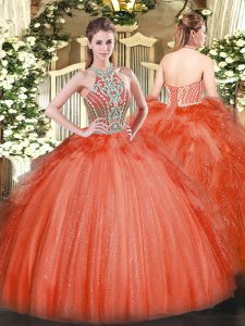 Red Sweet 16 Dress Military Ball and Sweet 16 and Quinceanera with Beading and Ruffles Halter Top Sleeveless Lace Up