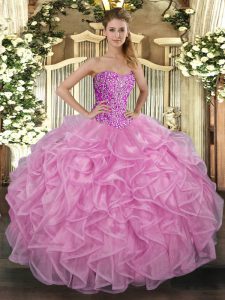 Trendy Rose Pink Tulle Lace Up Sweetheart Sleeveless Floor Length Vestidos de Quinceanera Beading and Ruffles