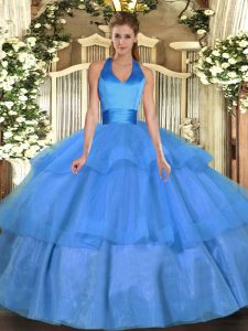 Perfect Baby Blue Ball Gowns Ruffled Layers Ball Gown Prom Dress Lace Up Tulle Sleeveless Floor Length