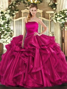 Elegant Floor Length Hot Pink Vestidos de Quinceanera Strapless Sleeveless Lace Up