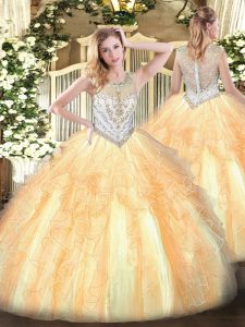 Low Price Gold Tulle Zipper Scoop Sleeveless Floor Length Quinceanera Gowns Beading and Ruffles