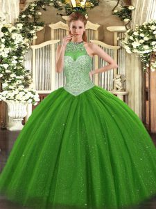 Green Lace Up Halter Top Beading Quinceanera Dresses Tulle Sleeveless