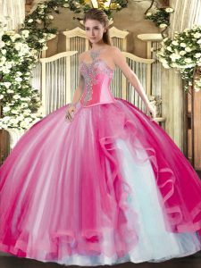 Simple Floor Length Hot Pink Sweet 16 Quinceanera Dress Tulle Sleeveless Beading and Ruffles