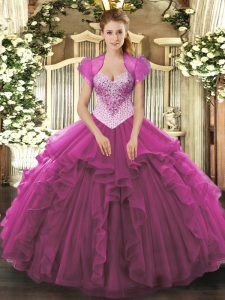 Fuchsia Tulle Lace Up Sweetheart Sleeveless Floor Length 15th Birthday Dress Beading