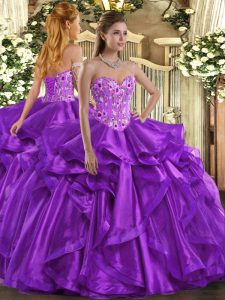 Eggplant Purple Ball Gowns Organza Sweetheart Sleeveless Embroidery and Ruffles Floor Length Lace Up Sweet 16 Quinceaner