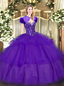 Chic Floor Length Purple Sweet 16 Dress Tulle Sleeveless Ruffled Layers