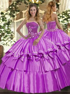 Exquisite Lilac Lace Up Quinceanera Gown Beading and Ruffled Layers Sleeveless Floor Length