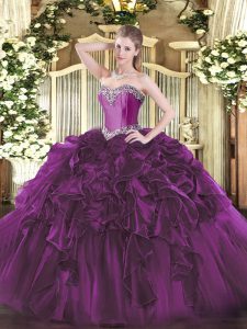 Fashion Purple Sweetheart Neckline Beading and Ruffles Sweet 16 Dresses Sleeveless Lace Up