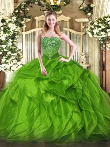 Affordable Sleeveless Floor Length Beading and Ruffles Lace Up Quince Ball Gowns with