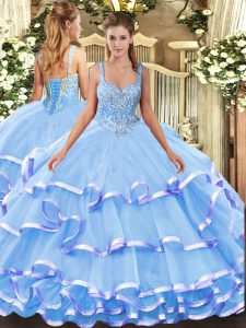 Sleeveless Organza Floor Length Lace Up Quinceanera Gown in Blue with Beading and Ruffled Layers