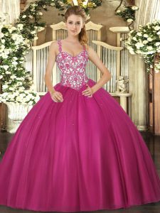 High Class Mermaid Quinceanera Dress Fuchsia Straps Tulle Sleeveless Floor Length Lace Up