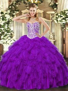 Customized Purple Sweet 16 Dresses Military Ball and Sweet 16 and Quinceanera with Beading and Ruffles Sweetheart Sleeve