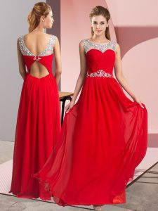 Modern Red Chiffon Clasp Handle Scoop Sleeveless Floor Length Prom Evening Gown Beading