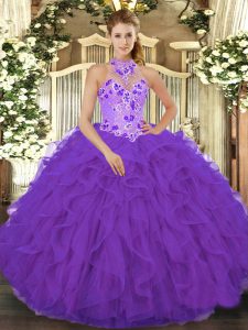 Purple Sleeveless Floor Length Beading and Embroidery and Ruffles Lace Up 15 Quinceanera Dress