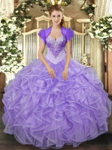 Super Floor Length Lace Up Sweet 16 Dress Lavender for Military Ball and Sweet 16 and Quinceanera with Beading and Ruffl