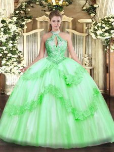 Fashion Sleeveless Floor Length Appliques and Sequins Lace Up Quinceanera Dress with Apple Green