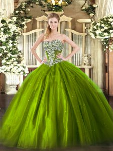 Attractive Sleeveless Tulle Floor Length Lace Up Quinceanera Dress in Olive Green with Beading