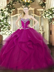 Admirable Fuchsia Ball Gowns Beading and Ruffles Quinceanera Dresses Lace Up Tulle Sleeveless Floor Length