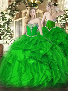 Pretty Green Lace Up Sweet 16 Quinceanera Dress Beading and Ruffles Sleeveless Floor Length