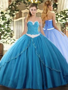 Dramatic Tulle Sweetheart Sleeveless Brush Train Lace Up Appliques Sweet 16 Dress in Baby Blue