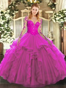 Ideal Tulle Scoop Long Sleeves Lace Up Lace and Ruffles Vestidos de Quinceanera in Fuchsia
