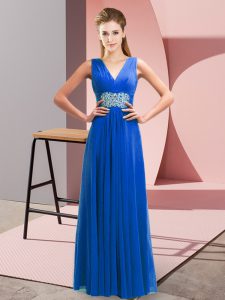 Hot Selling Sleeveless Chiffon Floor Length Lace Up in Blue with Beading and Ruching
