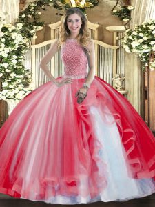 High-neck Sleeveless 15 Quinceanera Dress Floor Length Beading and Ruffles Red Tulle