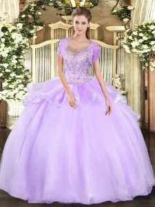 Latest Lavender Sleeveless Floor Length Beading and Ruffles Clasp Handle Quinceanera Dress