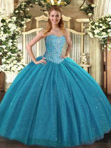 Teal Ball Gowns Sweetheart Sleeveless Tulle Floor Length Lace Up Beading Quinceanera Dresses