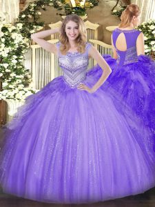 Excellent Sleeveless Tulle Floor Length Lace Up Sweet 16 Dress in Lavender with Beading