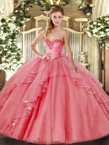 Enchanting Watermelon Red Ball Gowns Beading and Ruffled Layers 15th Birthday Dress Lace Up Tulle Sleeveless Floor Lengt