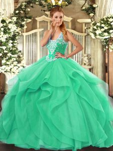 Turquoise Ball Gowns Tulle Straps Sleeveless Beading and Ruffles Floor Length Lace Up Sweet 16 Quinceanera Dress