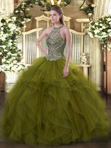 Clearance Floor Length Olive Green Quinceanera Gown Halter Top Sleeveless Lace Up
