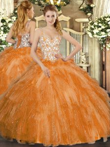 Floor Length Lace Up 15 Quinceanera Dress Orange for Sweet 16 and Quinceanera with Beading and Ruffles
