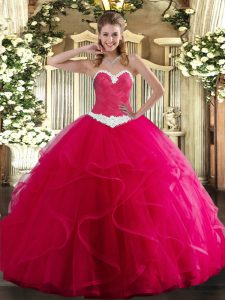 Fantastic Appliques and Ruffles Quinceanera Gowns Hot Pink Lace Up Sleeveless Floor Length