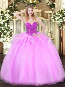 Eye-catching Baby Pink Ball Gowns Beading Sweet 16 Dress Lace Up Organza Sleeveless Floor Length