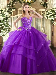Dramatic Eggplant Purple Tulle Lace Up Quince Ball Gowns Sleeveless Floor Length Embroidery and Ruffled Layers