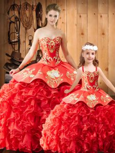 Superior Red Satin and Organza Lace Up Quince Ball Gowns Sleeveless Brush Train Embroidery and Ruffles