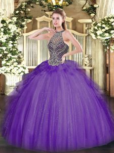 Free and Easy Lavender Tulle Lace Up Quinceanera Dresses Sleeveless Floor Length Beading