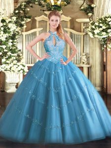 Hot Sale Baby Blue Halter Top Neckline Beading Ball Gown Prom Dress Sleeveless Lace Up