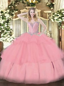 Baby Pink Sleeveless Floor Length Beading and Ruffled Layers Lace Up Quinceanera Dresses
