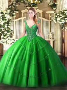 Fantastic Green Tulle Lace Up Ball Gown Prom Dress Sleeveless Floor Length Beading and Appliques