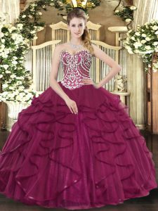 Floor Length Ball Gowns Sleeveless Burgundy Quince Ball Gowns Lace Up