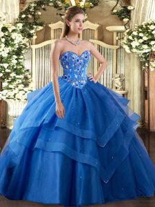 Blue Quinceanera Dress Military Ball and Sweet 16 and Quinceanera with Embroidery and Ruffled Layers Sweetheart Sleevele