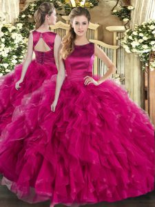 Fuchsia Quinceanera Gown Military Ball and Sweet 16 and Quinceanera with Ruffles Scoop Sleeveless Lace Up