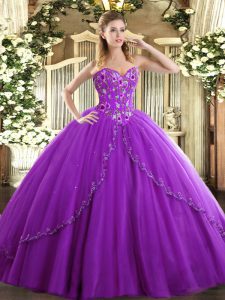 Great Eggplant Purple Sweetheart Lace Up Appliques and Embroidery Sweet 16 Dresses Brush Train Sleeveless