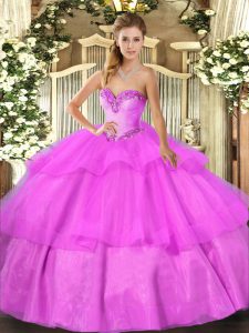 Lilac 15th Birthday Dress Military Ball and Sweet 16 and Quinceanera with Beading and Ruffled Layers Sweetheart Sleevele