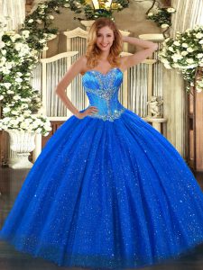 Great Sweetheart Sleeveless Ball Gown Prom Dress Floor Length Beading Royal Blue Tulle and Sequined
