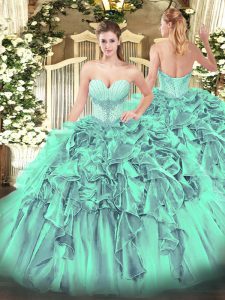 Turquoise Ball Gowns Organza Sweetheart Sleeveless Beading and Ruffles Floor Length Lace Up Quinceanera Gown
