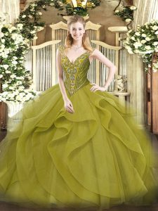 Olive Green Ball Gowns Beading and Ruffles Sweet 16 Dress Lace Up Tulle Sleeveless Floor Length